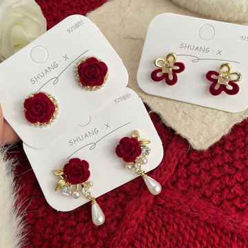 DAIIIBABYYY  -  Vintage Women Red Flocked Camellia Flower Pearl Butterfly Bow-knot Stud Earrings Korean Fashion Earrring Wedding Jewelry